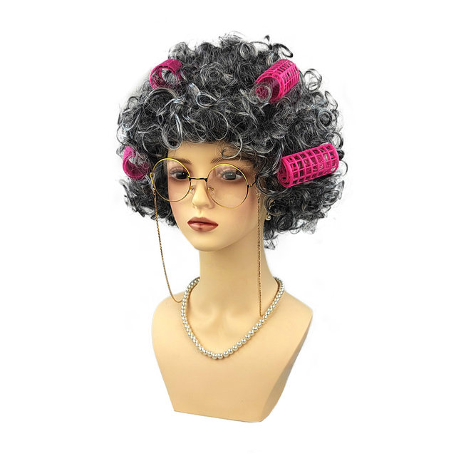 ຜົມ curly grandma wig dress ເຖິງຊຸດ wig ແມ່ເຖົ້າ headgear ເດັກນ້ອຍຜູ້ສູງອາຍຸການປະຕິບັດວັນ wig
