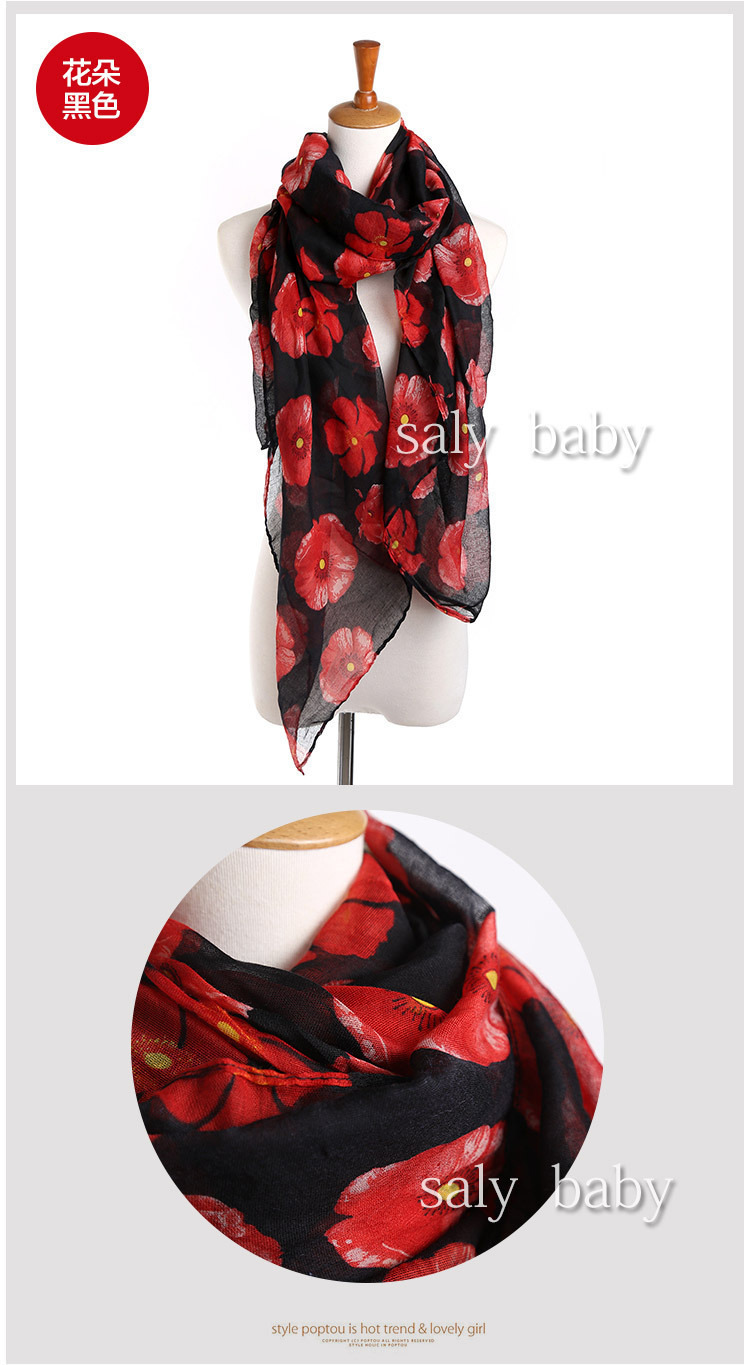 floral poppy silk scarf flower print scarf shawls罂粟花围巾 - 图0