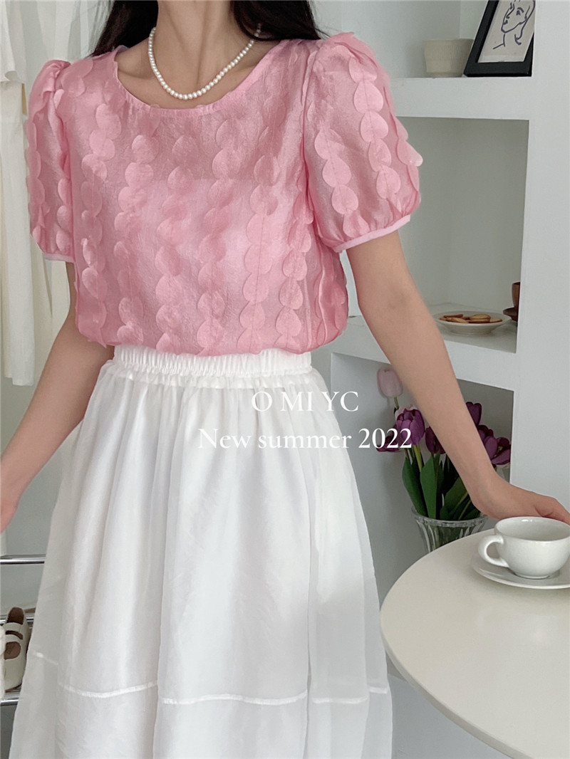 韩系法式立体花瓣蕾丝衬衫女夏季设计感小众上衣高级感泡泡袖衬衣