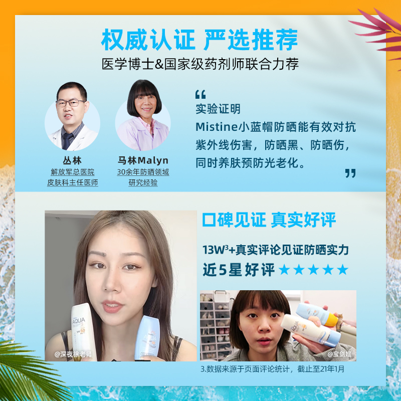 Mistine海外旗舰店抢付定金】泰国Mistine小蓝帽防晒霜防紫外线隔离乳70ML*2蜜丝婷3