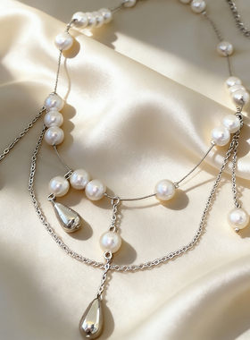 巴洛克风珍珠项链女多层叠戴水滴吊坠毛衣链小众设计感气质