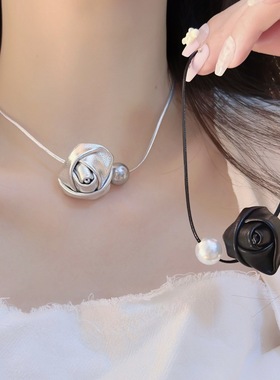韩版超仙立体玫瑰花苞珍珠项链choker颈链小众甜酷辣妹风锁骨链夏