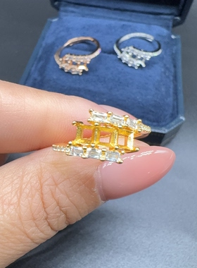 银镀金戒指空托日韩时尚围钻镶嵌方形3*3mm彩宝开口银托diy