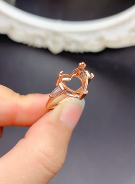 s925银饰戒指空托心形 10mm 活口戒托女镶嵌女戒指