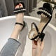 Real skin sandals for women 2024 summer new pearl one-length buckle mid-heel fairy style fashion high heels