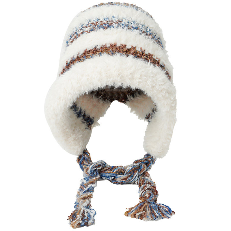 可爱毛绒帽子女秋冬彩色辫子针织兔毛冬天护耳保暖东北防寒风雪帽 - 图3