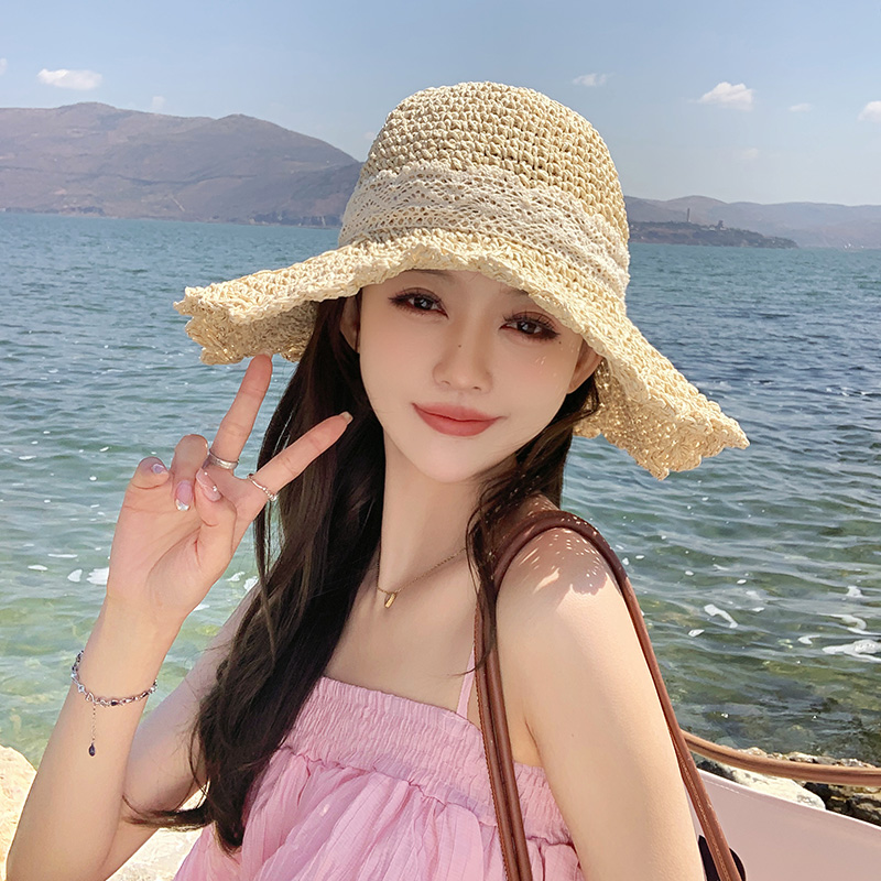网红蕾丝渔夫帽女2024新款夏季海边沙滩法式草帽遮阳防晒太阳帽子