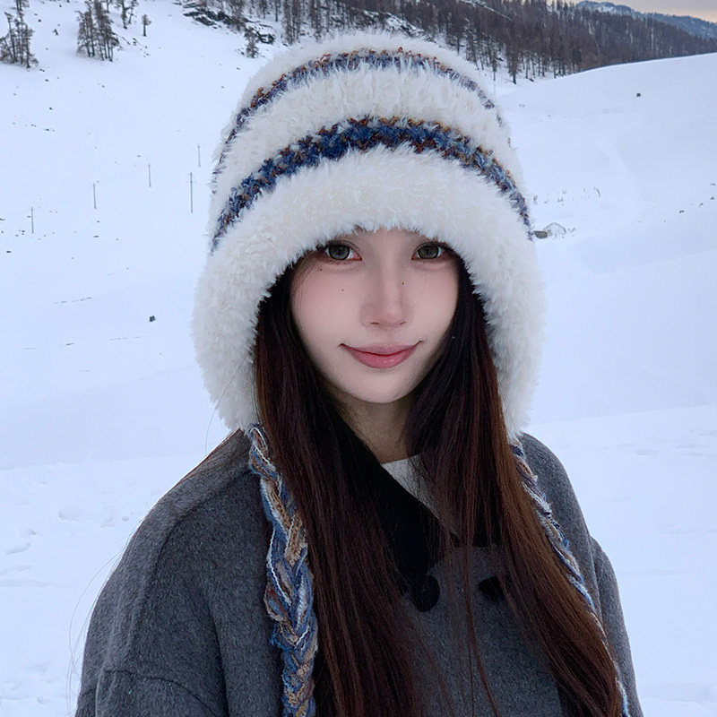 可爱毛绒帽子女秋冬彩色辫子针织兔毛冬天护耳保暖东北防寒风雪帽 - 图1