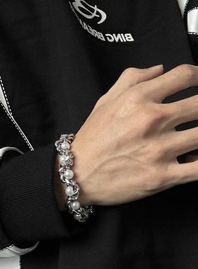 欧美缠绕珍珠手链男女嘻哈钛钢百搭小众设计高级感手饰潮流个性