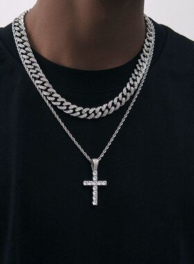 满钻十字架项链男款潮流嘻哈hiphop毛衣链街头欧美说唱钛钢吊坠