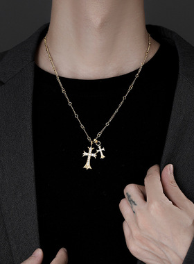 潮牌镶钻双十字架吊坠项链男女