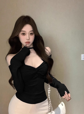 一字肩蕾丝挂脖长袖T恤女秋季修身扭结设计感短款打底衫紫色上衣