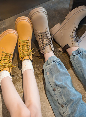 情侣款马丁靴2022秋季复古工装女靴短靴子ins厚底大黄靴子女B801