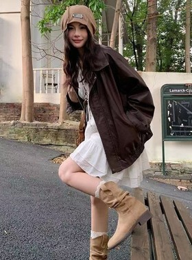 女鞋百搭堆堆靴女2025新款秋季V口显瘦中筒靴子褶皱堆堆马丁靴