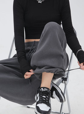 美式运动裤子女秋冬束脚宽松阔腿裤垂坠感休闲直筒小个子加绒卫裤