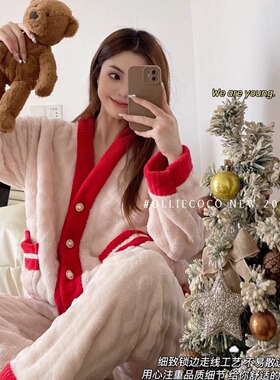 秋冬季乌龙桃水蜜桃睡衣套装女加绒加厚保暖宽松家居服珊瑚绒新款