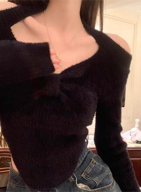 粉色露肩镂空毛衣女装秋冬新款设计感小众套头针织衫宽松长袖上衣