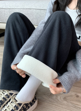 H506加绒阔腿裤女秋冬高腰垂感宽松显瘦灯芯绒直筒拖地白色休闲裤