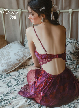 DZ瑰若内衣甜美蝴蝶印花火辣露背深V加胸垫睡裙外袍女套装QJ5286