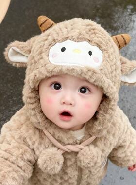婴儿帽子秋冬季毛绒小羊帽宝宝可爱护耳帽婴儿外出加厚保暖包头帽