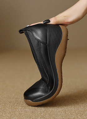 复古轻奢厚底懒松糕鞋女真软皮圆头蹬单鞋2025款秋休闲高跟皮鞋