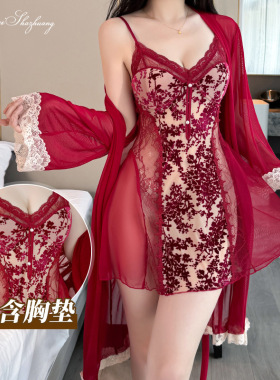 唯美纱新款性感透视吊带睡裙女植绒网纱拼接睡衣纯欲家居服套装