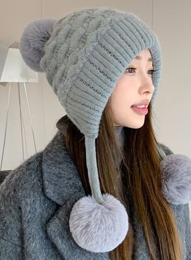 慵懒风毛线帽加厚护耳防寒三球毛毛帽子女韩国冬季加绒护脸针织帽