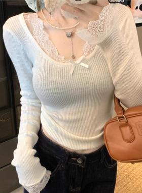 温柔风蝴蝶结蕾丝拼接长袖针织衫女早秋新款百搭修身针织上衣