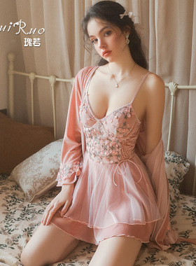 DZ瑰若品牌蕾丝刺绣甜美大码睡衣加钢圈吊带睡裙外袍家居服C5240