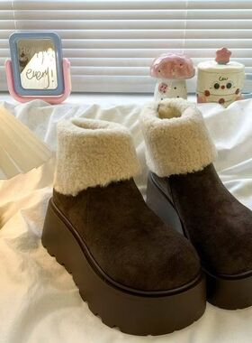 2024冬季新款雪地靴女百搭厚底保暖加厚时尚小个子加绒松糕底棉鞋
