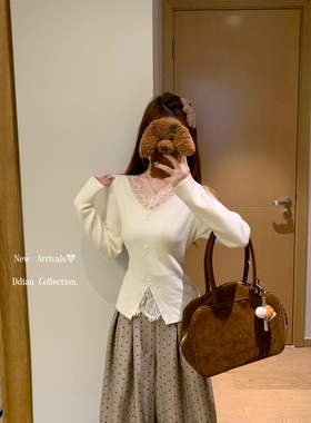 一件代发春秋冬季高级感V领蕾丝针织衫小个子显瘦打底毛衣上衣女