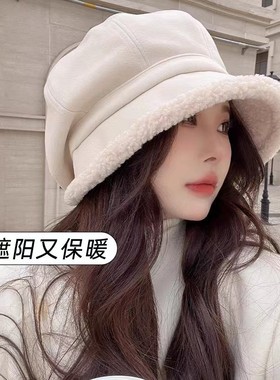 秋冬帽子女渔夫帽加绒防寒护耳网红盆帽休闲羊羔毛八角贝雷帽百搭