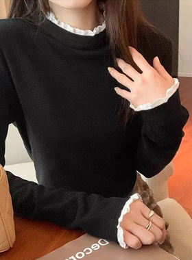 花边拼接半高领打底衫女秋冬双面磨毛修身设计感针织衫内搭上衣女