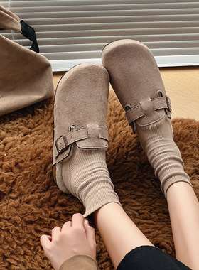 毛毛勃肯鞋女2024新款秋冬一脚蹬加绒保暖博肯鞋懒人包头半拖棉鞋