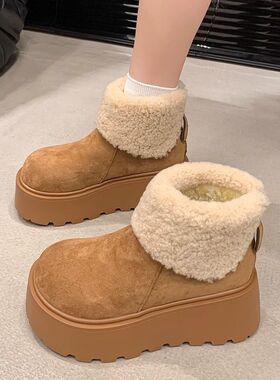 毛毛厚底短筒时尚雪地靴女2025冬新款加绒加厚小个子松糕底棉鞋靴