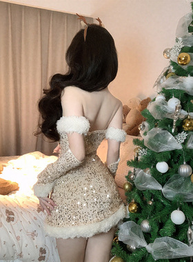 2025圣诞战袍 蝴蝶结挂脖抹胸亮片修身短裙 纯欲圣诞套装 诞368