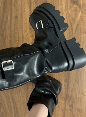 棕色百搭厚底增高马丁靴女2024年新款春秋冬季复古美拉德中筒靴子