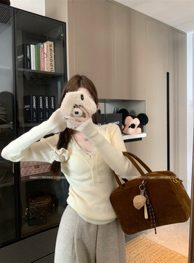 韩版V领修身温柔风套装纯欲蕾丝吊带上衣女秋季休闲气质长袖针织