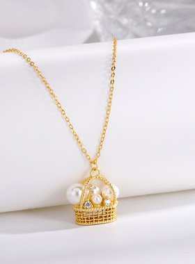 s925纯银编织珍珠小花篮项链女小众轻奢优雅复古跨境珍珠颈链