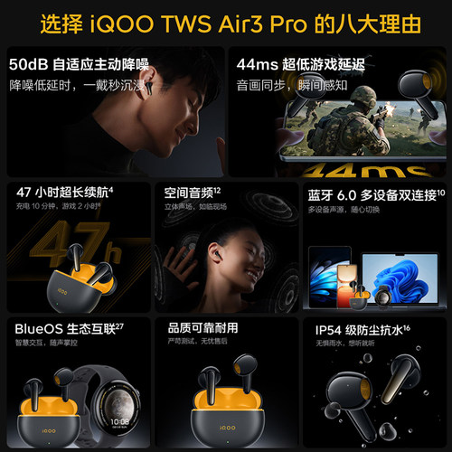 iQOO TWS Air3 Pro无线蓝牙耳机twsair3pro降噪半入耳式iQOO耳机 - 图0