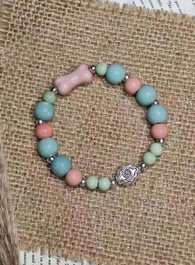 景德镇陶瓷手链 轻国风撞色陶瓷串珠粉骨异形珠祥云吊坠可爱手饰