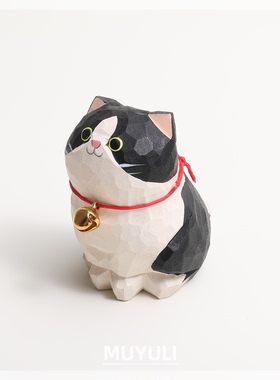 手工木雕奶牛猫摆件丨可爱猫咪办公室桌面工位稳定情绪装饰礼物