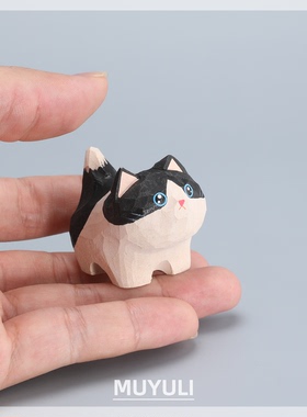 手工木雕小猫咪奶牛猫汽车摆件电脑桌面装饰生日圣诞节礼物情人节