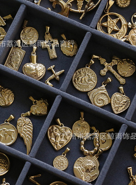 PJ002 复古欧美玫瑰花水滴形不锈钢镀金色瓜子扣百搭吊坠项链吊坠