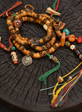 精品牛骨雕刻阿呆藏风手编流苏108念珠佛珠