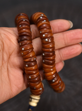 藏传精品牦牛骨大肠念珠108颗手工镶嵌铜钉骨头念珠