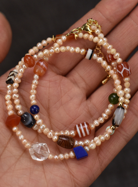 香槟色淡水珍珠小米珠搭配缠丝水晶玛瑙剁珠项链手链