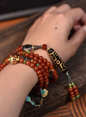 女士红玛瑙搭配天珠108项链佛珠手链