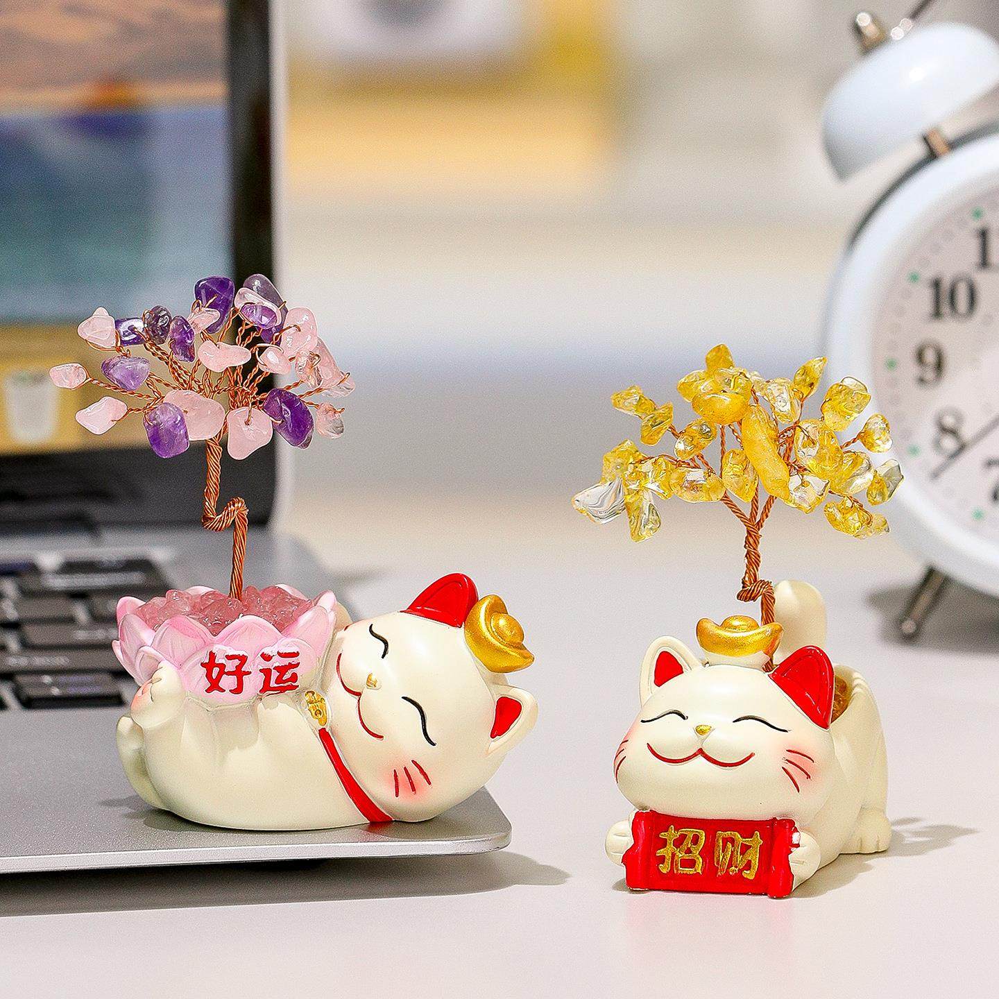创意水晶发财树招财猫家居摆件卡通扩香石香薰办公室桌面车载装饰,淘宝优惠券,粉丝福利购,淘宝优惠卷