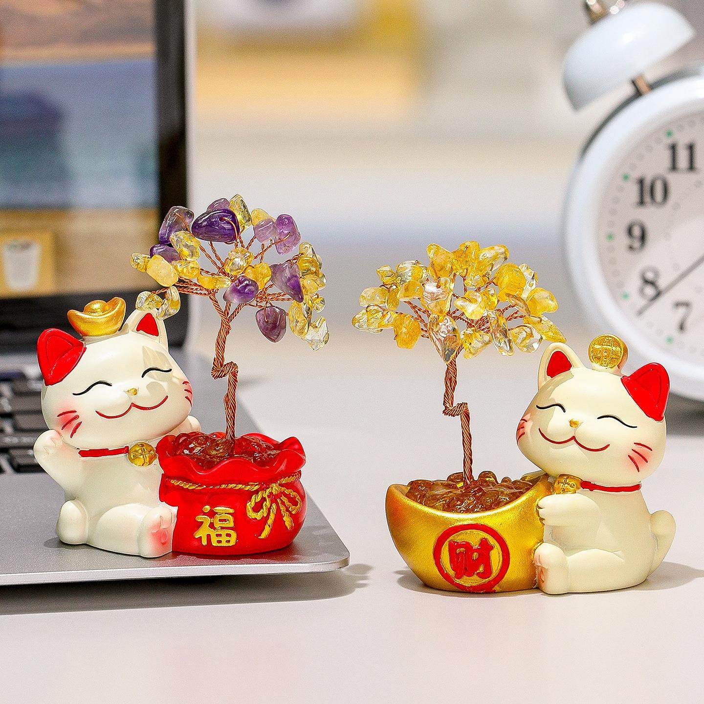 创意水晶发财树招财猫家居摆件卡通扩香石香薰办公室桌面车载装饰,淘宝优惠券,粉丝福利购,淘宝优惠卷